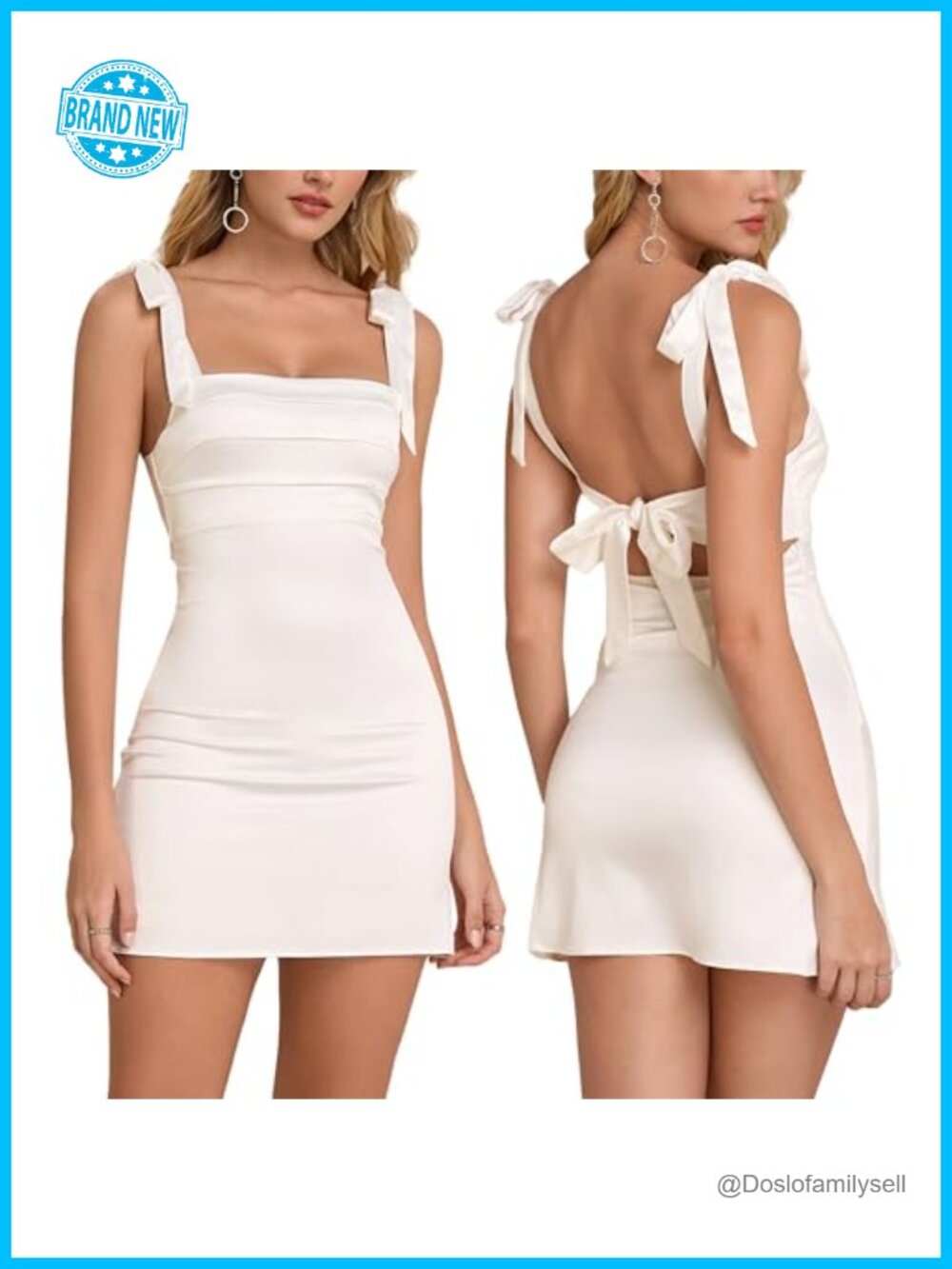 Satin Silk Mini Dress Tie Shoulder Bow Back Ruched Party